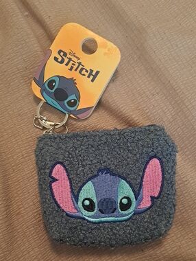 Disney Grey Plush Stitch Keychain Pouch with Pink & Teal Embroidery